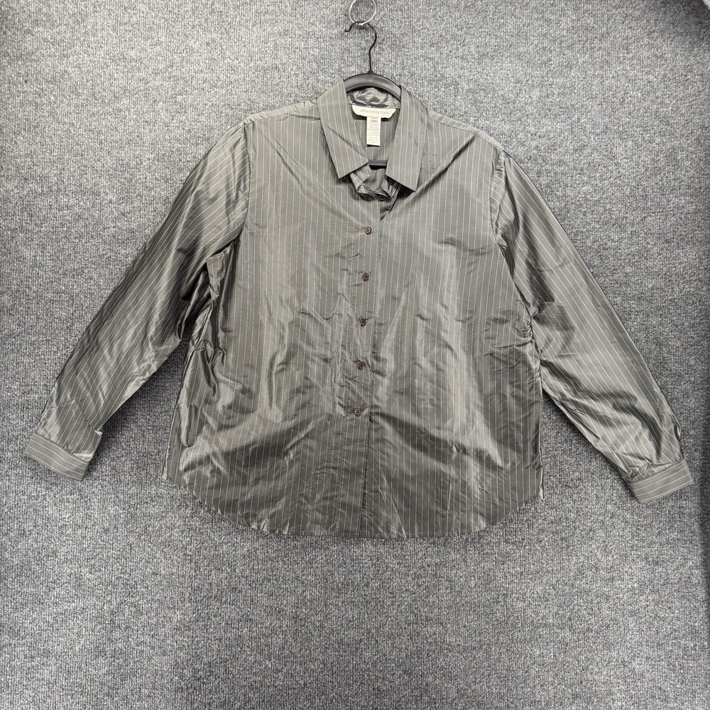 Vintage Jones New York Silk Shirt Womens 16 Gray Striped Button Up Career Office